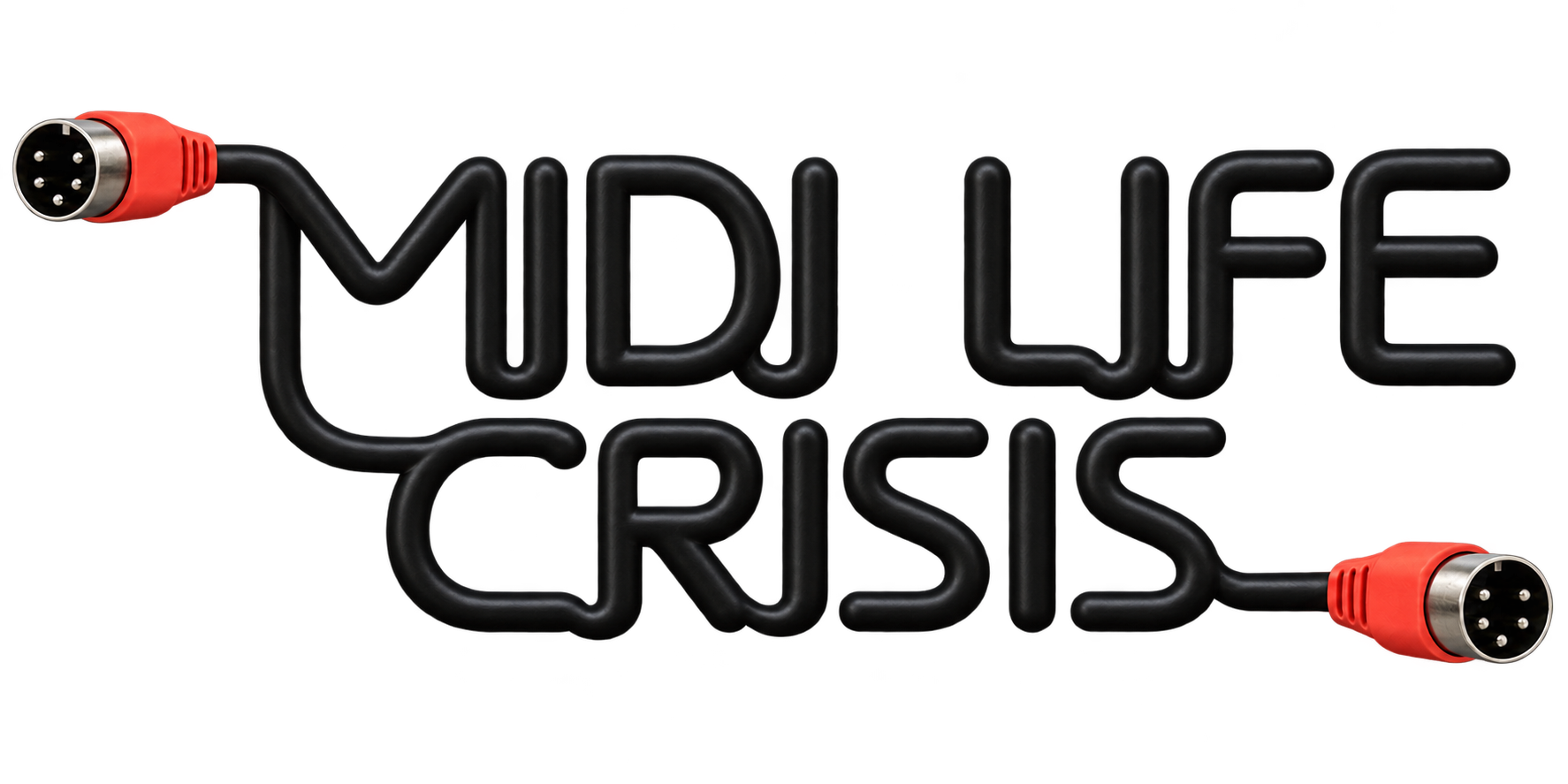 MIDI Life Crisis logo, written in black MIDI cable with red connectors